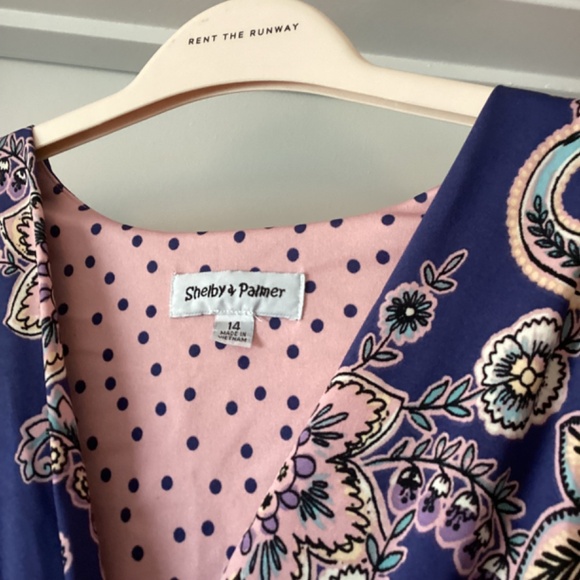 Cap Sleeve Dress with an attached accent belt. Purple, dusty pink, & pale yellow - Picture 2 of 5